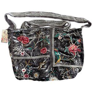 Johnny Was Uriah Velvet Handbag Grey Pewter Embroidery Flower Tote Bag Large NEW